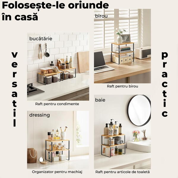 Set 2 Rafturi, Extensibile, Multifunctionale, Diverse Moduri De Aranjare Pentru Bucatarie, Birou, Baie, Bambus/Otel