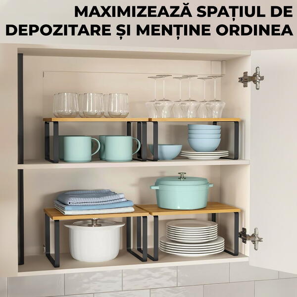 Set 2 Rafturi, Extensibile, Multifunctionale, Diverse Moduri De Aranjare Pentru Bucatarie, Birou, Baie, Bambus/Otel