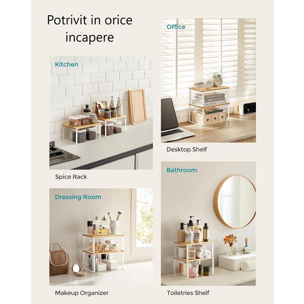 Set 2 Rafturi, Extensibile, Multifunctionale, Diverse Moduri De Aranjare Pentru Bucatarie, Birou, Baie, Bambus/Otel
