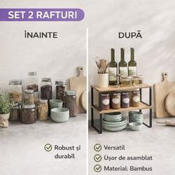 Set 2 Rafturi, Extensibile, Multifunctionale, Diverse Moduri De Aranjare Pentru Bucatarie, Birou, Baie, Bambus/Otel