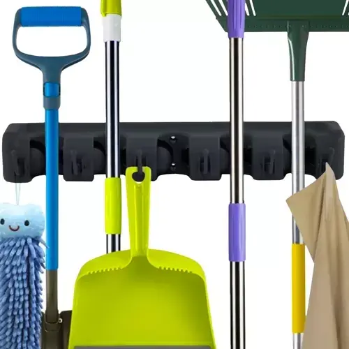 Suport de perete tip organizator pentru maturi si mop, 6 cuiere pliabile, Negru