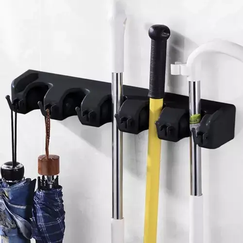 Suport de perete tip organizator pentru maturi si mop, 6 cuiere pliabile, Negru