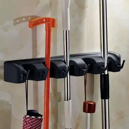Suport de perete tip organizator pentru maturi si mop, 6 cuiere pliabile, Negru