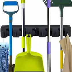 Suport de perete tip organizator pentru maturi si mop, 6 cuiere pliabile, Negru