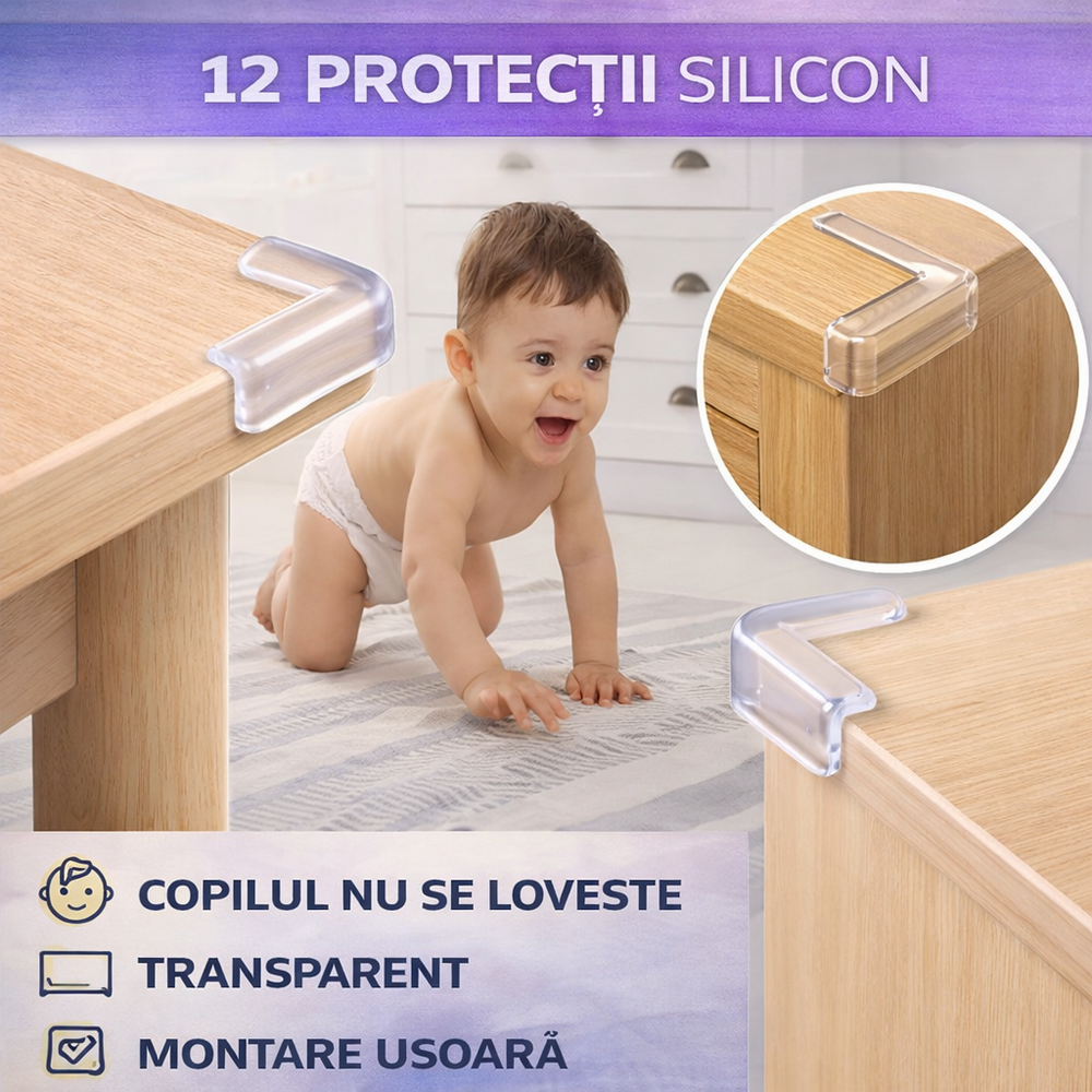 SMARTECH Set 12 Protectie de colt din silicon, transparent, 4x4cm