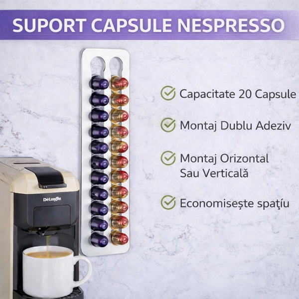 Suport pentru 20 Capsule Nespresso, Montare Adeziv 3M Inclus