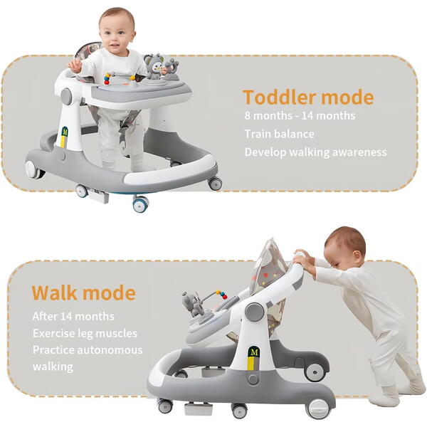 Premergator Reglabil pentru Bebelusi cu Varsta intre 6-36 Luni, Antemergator, Spatar Ergonomic, Pliabil cu 3 Jucarii, Material Respirabil, Greutatea Maxima Suportata 30 kg, Gri