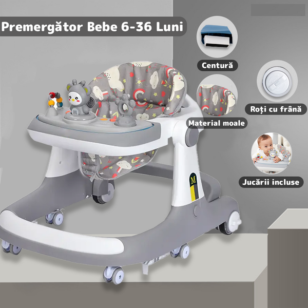 Premergator Reglabil pentru Bebelusi cu Varsta intre 6-36 Luni, Antemergator, Spatar Ergonomic, Pliabil cu 3 Jucarii, Material Respirabil, Greutatea Maxima Suportata 30 kg, Gri