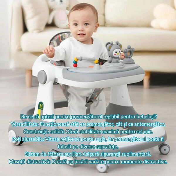 Premergator Reglabil pentru Bebelusi cu Varsta intre 12-18 Luni, Antemergator, Spatar Ergonomic, Pliabil cu 3 Jucarii, Material Respirabil, Greutatea Maxima Suportata 30 kg, Gri