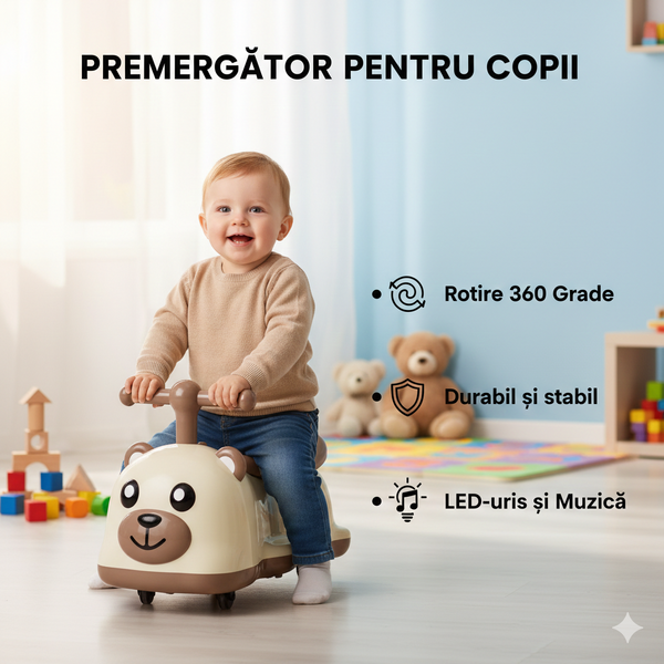 Premergator tip Masinuta pentru copii, Cu Muzica si Iluminat, 4 Roti 360Grade