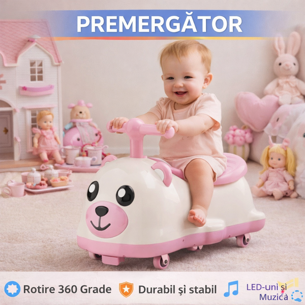 Premergator tip Masinuta pentru copii, cu Muzica si Iluminat, 4 Roti 360Grade, Roz