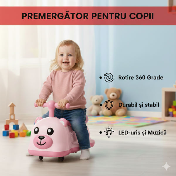 Premergator tip Masinuta pentru copii, cu Muzica si Iluminat, 4 Roti 360Grade, Roz
