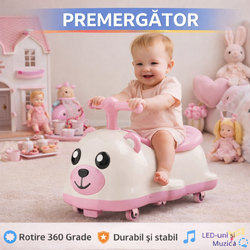 Premergator tip Masinuta pentru copii, cu Muzica si Iluminat, 4 Roti 360Grade, Roz