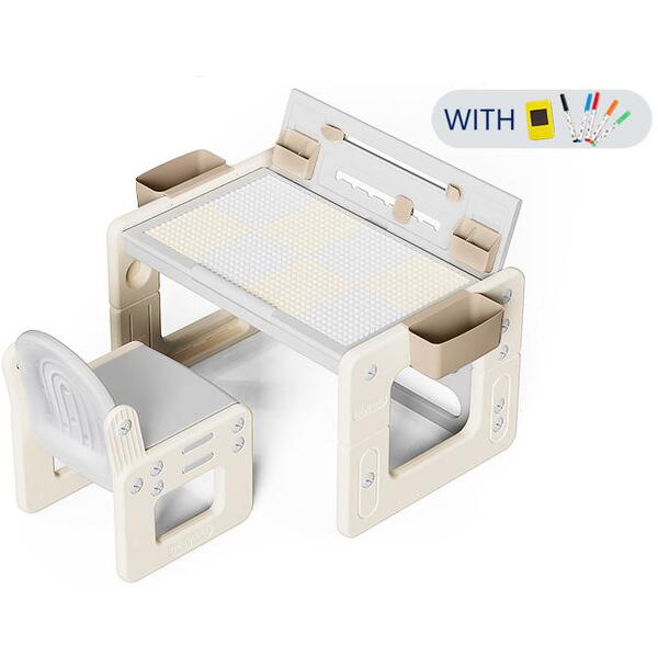 Birou cu scaun pentru copii, Ajustabil pe inaltime, Masa tip lego inclusa, Tabla de colorat, 4 Cutii depozitare, Markere, Burete