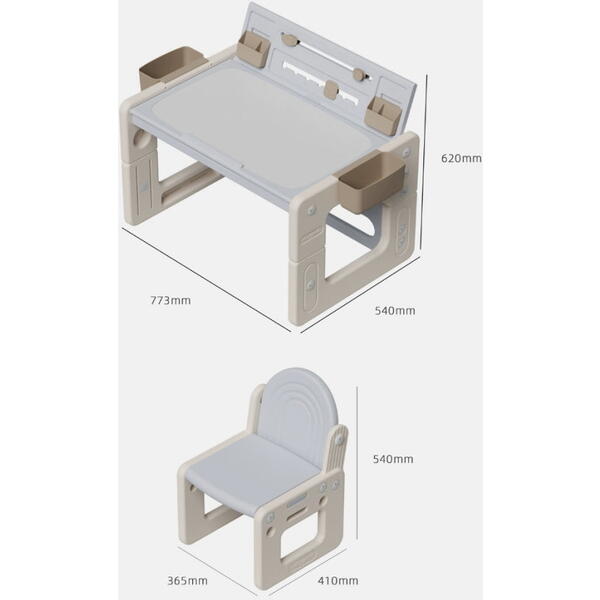 Birou cu scaun pentru copii, Ajustabil pe inaltime, Masa tip lego inclusa, Tabla de colorat, 4 Cutii depozitare, Markere, Burete