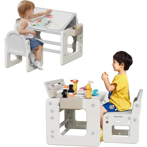 Birou cu scaun pentru copii, Ajustabil pe inaltime, Masa tip lego inclusa, Tabla de colorat, 4 Cutii depozitare, Markere, Burete
