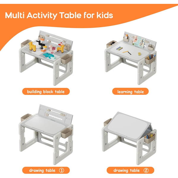 Birou cu scaun pentru copii, Ajustabil pe inaltime, Masa tip lego inclusa, Tabla de colorat, 4 Cutii depozitare, Markere, Burete