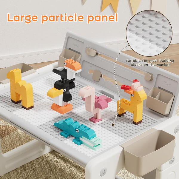 Birou cu scaun pentru copii, Ajustabil pe inaltime, Masa tip lego inclusa, Tabla de colorat, 4 Cutii depozitare, Markere, Burete