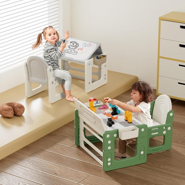 Birou cu scaun pentru copii, Ajustabil pe inaltime, Masa tip lego inclusa, Tabla de colorat, 4 Cutii depozitare, Markere, Burete