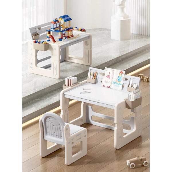 Birou cu scaun pentru copii, Ajustabil pe inaltime, Masa tip lego inclusa, Tabla de colorat, 4 Cutii depozitare, Markere, Burete