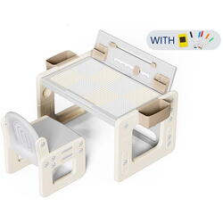 Birou cu scaun pentru copii, Ajustabil pe inaltime, Masa tip lego inclusa, Tabla de colorat, 4 Cutii depozitare, Markere, Burete