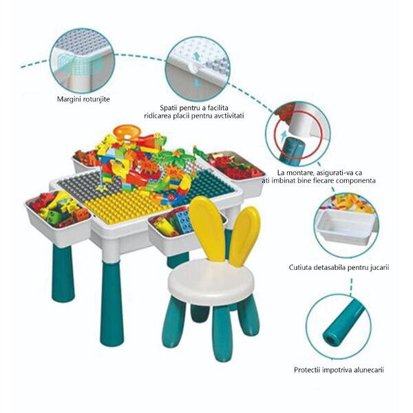 Masa tip Lego pentru copii, cu 4 cutii depozitare jucarii, 262 piese tip Lego, Ajustabila