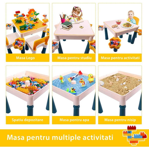 Masa tip Lego pentru copii, cu 4 cutii depozitare jucarii, 262 piese tip Lego, Ajustabila
