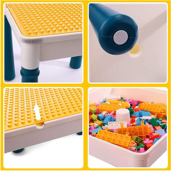Masa tip Lego pentru copii, cu 4 cutii depozitare jucarii, 262 piese tip Lego, Ajustabila
