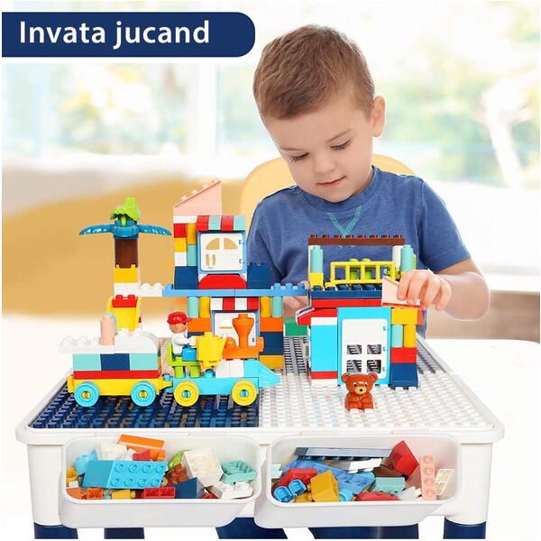 Masa tip Lego pentru copii, cu 4 cutii depozitare jucarii, 262 piese tip Lego, Ajustabila
