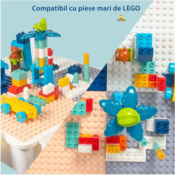Masa tip Lego pentru copii, cu 4 cutii depozitare jucarii, 262 piese tip Lego, Ajustabila