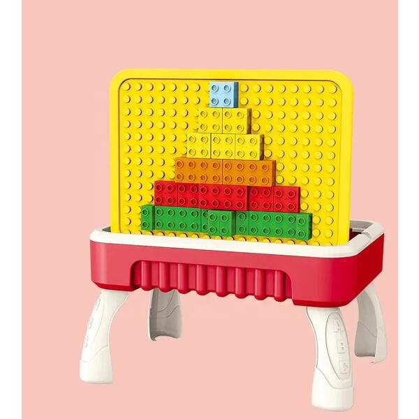 Masuta de joaca pentru copii, Multifunctionala 2 in 1, Tabla de Colorat, 5 Markere, Burete, 58 Cuburi Incluse, Rosu