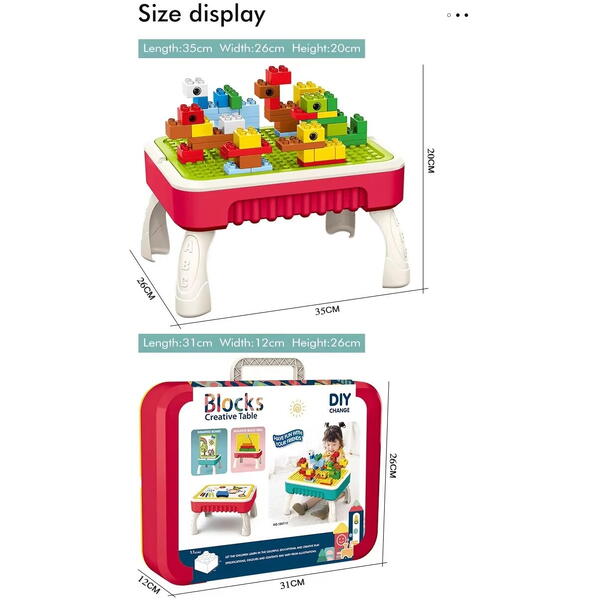 Masuta de joaca pentru copii, Multifunctionala 2 in 1, Tabla de Colorat, 5 Markere, Burete, 58 Cuburi Incluse, Rosu