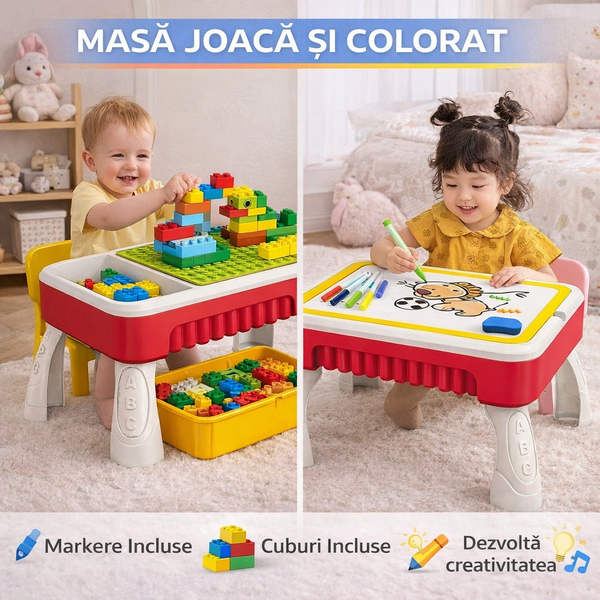 Masuta de joaca pentru copii, Multifunctionala 2 in 1, Tabla de Colorat, 5 Markere, Burete, 58 Cuburi Incluse, Rosu