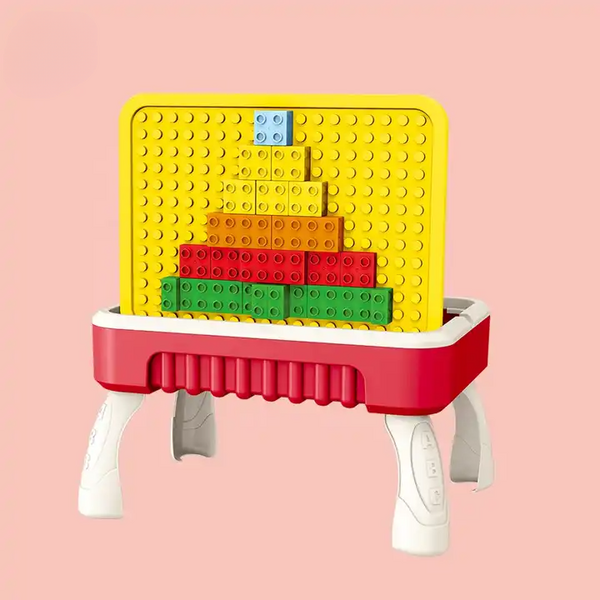 Masuta de joaca pentru copii, Multifunctionala 2 in 1, Tabla de Colorat, 5 Markere, Burete, 58 Cuburi Incluse, Rosu
