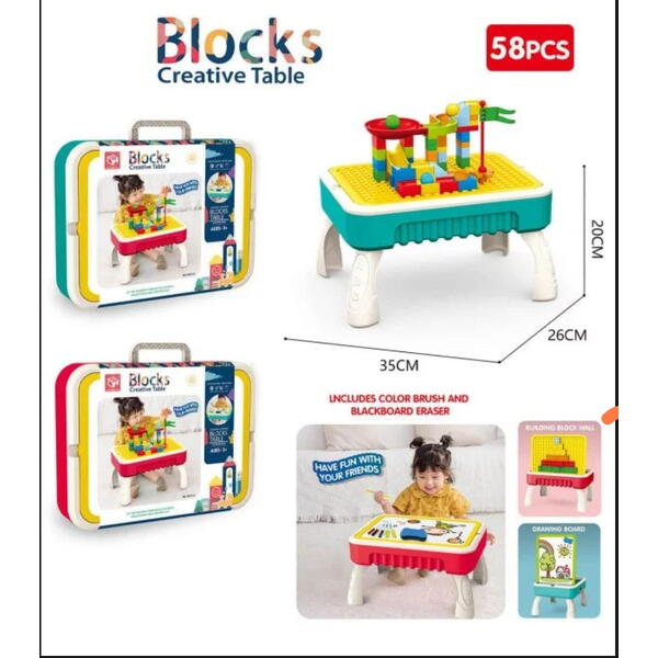 Masuta de joaca pentru copii, Multifunctionala 2 in 1, Tabla de Colorat, 5 Markere, Burete, 58 Cuburi Incluse, Rosu