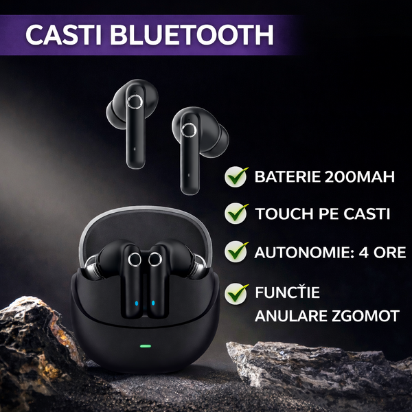 Casti Bluetooth 5.4, Baterie Statie 200mAh, StandBy 150H, Touch pe Casti, Respingere/Raspundere Apel VTS-200, Negru