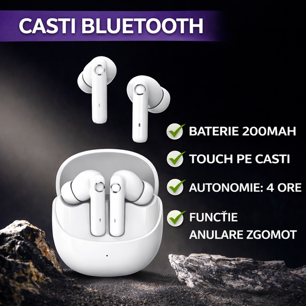 Casti Bluetooth 5.4, Baterie Statie 200mAh, StandBy 150H, Touch pe Casti, Respingere/Raspundere Apel VTS-200, Alb