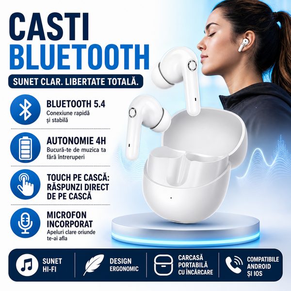 Casti Bluetooth 5.4, Baterie Statie 200mAh, StandBy 150H, Touch pe Casti, Respingere/Raspundere Apel VTS-200, Alb