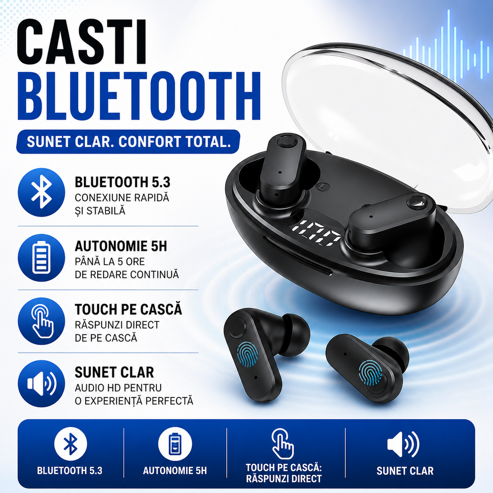 Valdus Casti Bluetooth 5.3, Baterie Statie 200mAh, StandBy 180H, Touch pe Casti, Respingere/Raspundere Apel VTS-210, Negru