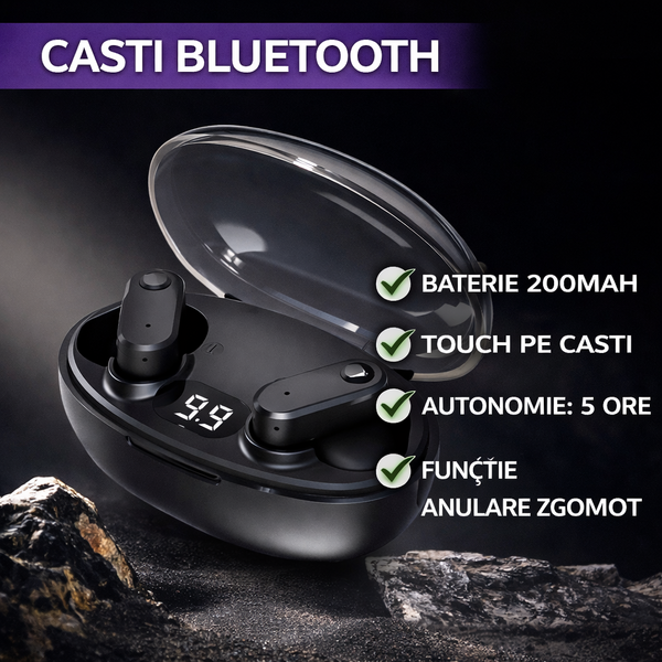Casti Bluetooth 5.3, Baterie Statie 200mAh, StandBy 180H, Touch pe Casti, Respingere/Raspundere Apel VTS-210, Negru