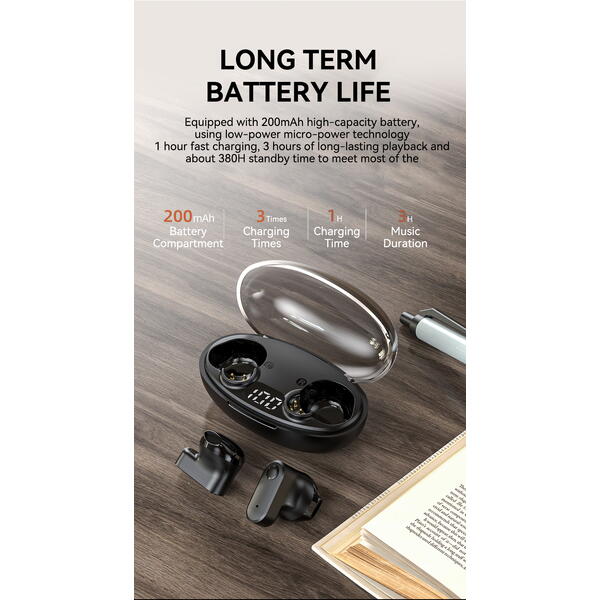 Casti Bluetooth 5.3, Baterie Statie 200mAh, StandBy 180H, Touch pe Casti, Respingere/Raspundere Apel VTS-210, Negru