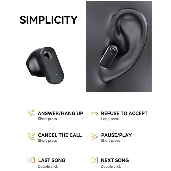 Casti Bluetooth 5.3, Baterie Statie 200mAh, StandBy 180H, Touch pe Casti, Respingere/Raspundere Apel VTS-210, Negru
