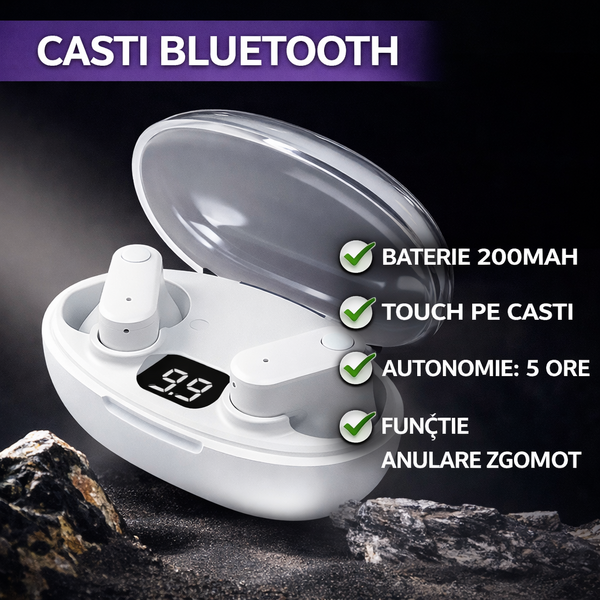 Casti Bluetooth 5.3, Baterie Statie 200mAh, StandBy 180H, Touch pe Casti, Respingere/Raspundere Apel VTS-210, Alb