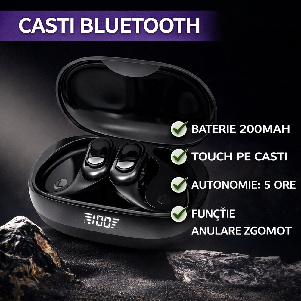 Valdus Casti Bluetooth 5.3, Baterie Statie 400mAh, StandBy 180H, Touch pe Casti, Respingere/Raspundere Apel VTS-230, Negru