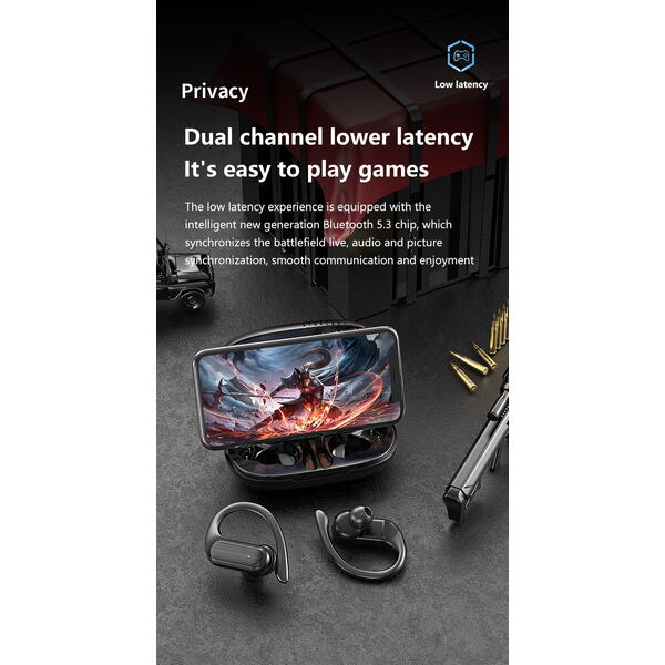 Casti Bluetooth 5.3, Baterie Statie 200mAh, StandBy 180H, Touch pe Casti, Respingere/Raspundere Apel VTS-220, Negru