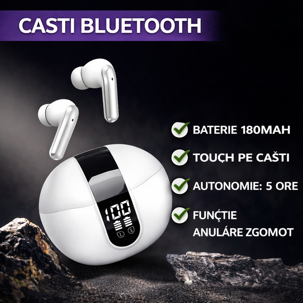 Casti Bluetooth 5.4, Baterie Statie 300mAh, StandBy 180H, Touch pe Casti, Respingere/Raspundere Apel VNC-320, Alb