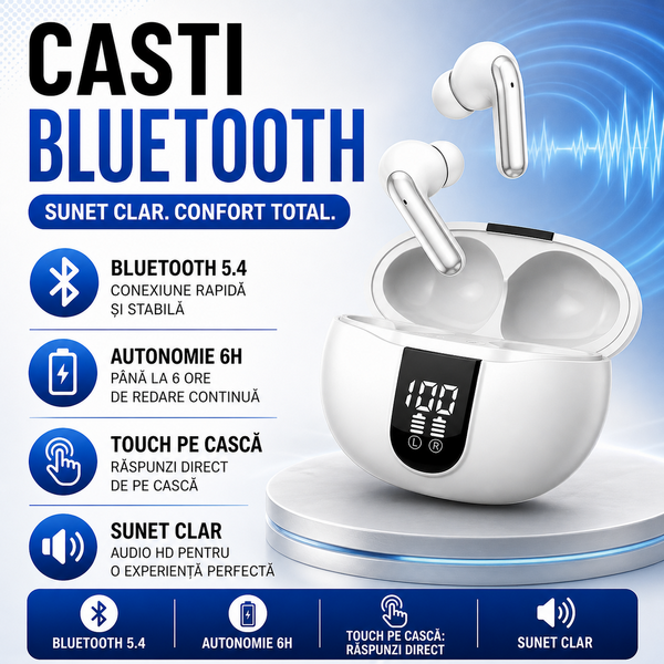 Casti Bluetooth 5.4, Baterie Statie 300mAh, StandBy 180H, Touch pe Casti, Respingere/Raspundere Apel VNC-320, Alb