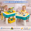 Masuta de joaca pentru copii, Multifunctionala 2 in 1, Tabla de Colorat, 5 Markere, Burete, 58 Cuburi Incluse, Bleu