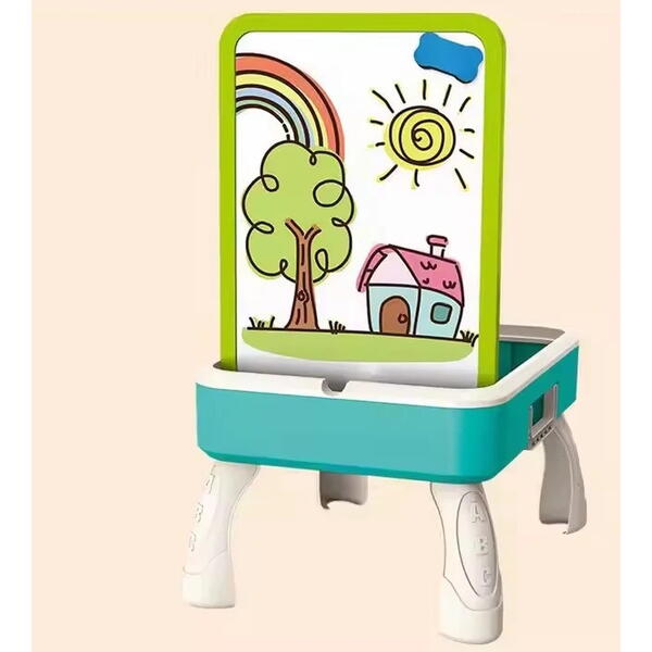 Masuta de joaca pentru copii, Multifunctionala 2 in 1, Tabla de Colorat, 5 Markere, Burete, 58 Cuburi Incluse, Bleu