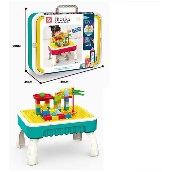 Masuta de joaca pentru copii, Multifunctionala 2 in 1, Tabla de Colorat, 5 Markere, Burete, 58 Cuburi Incluse, Bleu